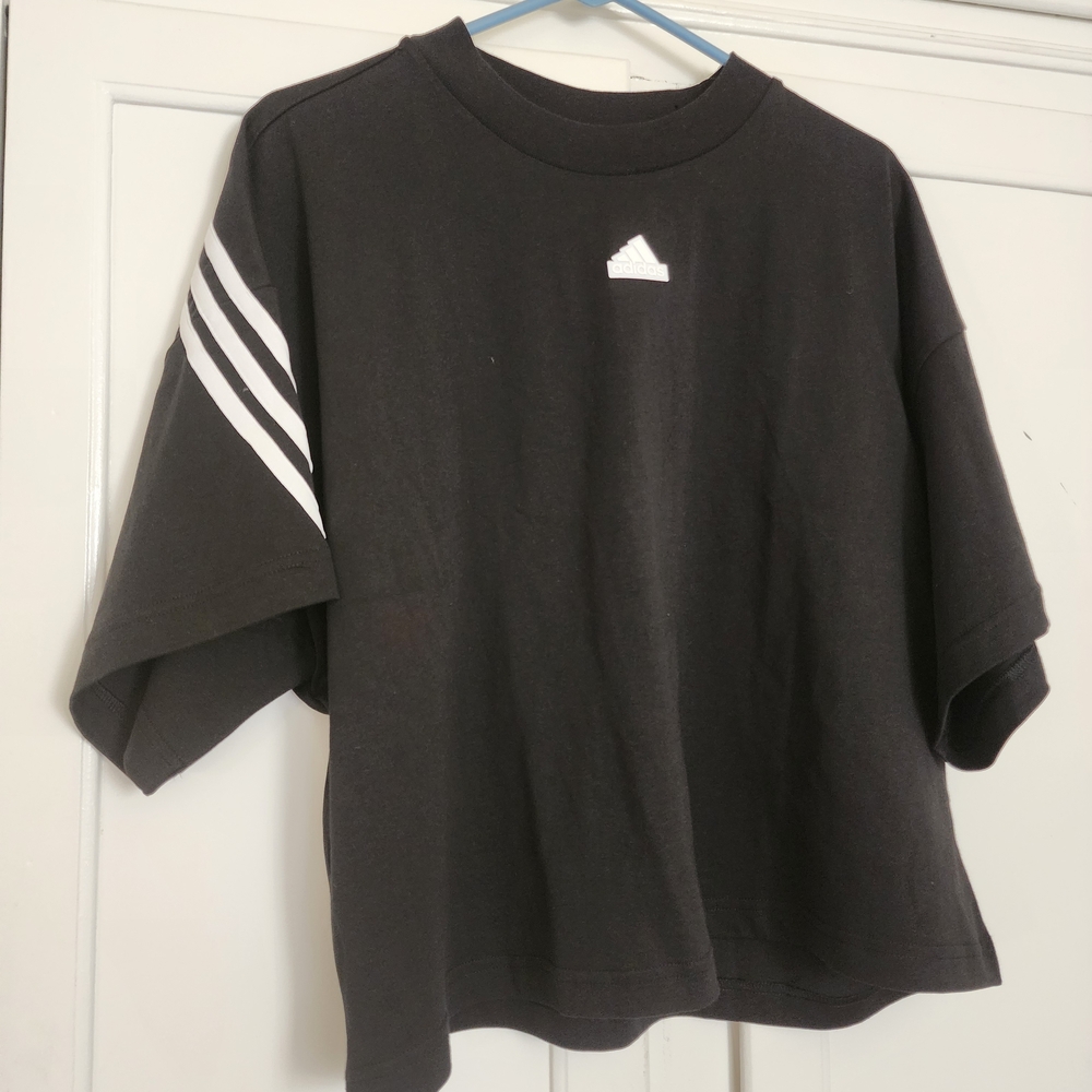 Adidas Women Black Tee with White Stripes